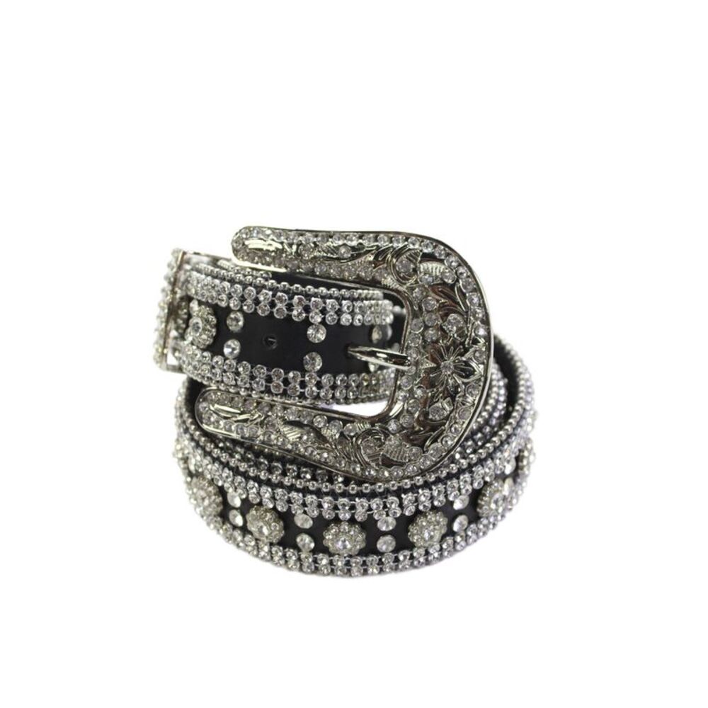 Veronica Beard Womens Leather Crystal Embellished Buckled Belt Black Size M